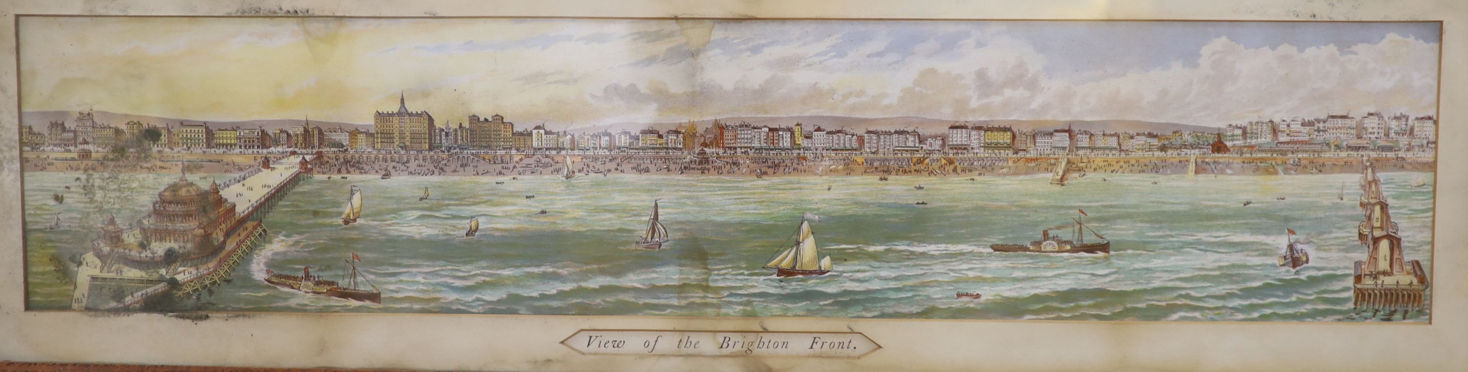 Two antique Brighton prints, steel engraving, 'New Plan of Brighton and Kemp Town', 27 x 48cm and a chromolithograph, A 'View of Brighton Front', 20 x 92cm